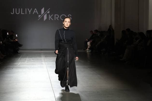 KYIV, UKRAINE - FEBRUARY 15, 2025 - A model walks the catwalk during the fashion show by the Juliya Kros brand as part of Ukrainian Fashion Week FW25-26 at the Mystetskyi Arsenal National Cultural, Art and Museum Complex, Kyiv, capital of Ukraine Juliya Kros fashion show at UFW in Kyiv  Copyright: xPavloxBahmutx