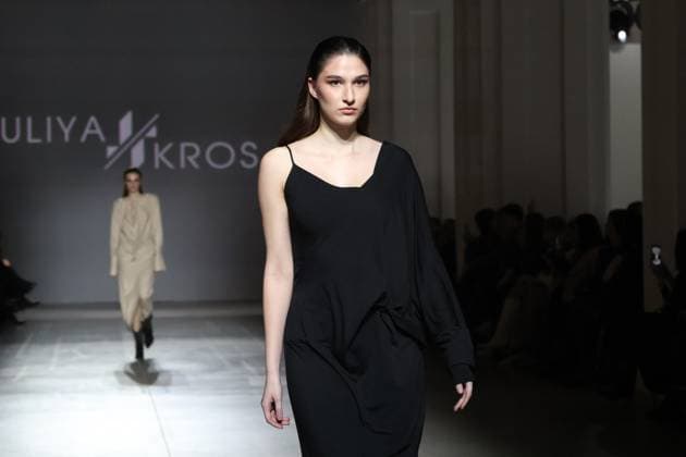 KYIV, UKRAINE - FEBRUARY 15, 2025 - A model walks the catwalk during the fashion show by the Juliya Kros brand as part of Ukrainian Fashion Week FW25-26 at the Mystetskyi Arsenal National Cultural, Art and Museum Complex, Kyiv, capital of Ukraine Juliya Kros fashion show at UFW in Kyiv  Copyright: xPavloxBahmutx