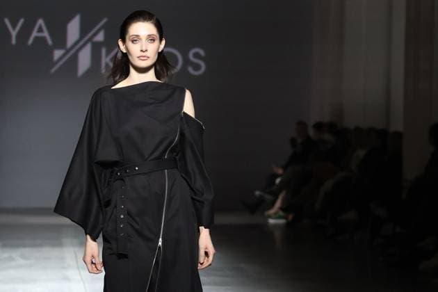 KYIV, UKRAINE - FEBRUARY 15, 2025 - A model walks the catwalk during the fashion show by the Juliya Kros brand as part of Ukrainian Fashion Week FW25-26 at the Mystetskyi Arsenal National Cultural, Art and Museum Complex, Kyiv, capital of Ukraine Juliya Kros fashion show at UFW in Kyiv  Copyright: xPavloxBahmutx