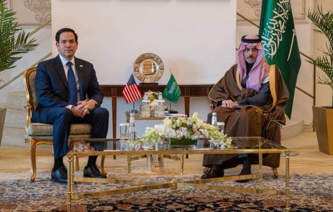 February 17, 2025, Riyadh, Riyadh Province, Saudi Arabia: U.S Secretary of State Marco Rubio, left, poses with Saudi Foreign Minister Faisal bin Farhan, right, before their bilateral meeting at the Ministry of Foreign Affairs, February 17, 2025 in Riyadh, Saudi Arabia. Riyadh Saudi Arabia - ZUMAp138 20250217_zaa_p138_008 Copyright: xFreddiexEverett UsxStatex