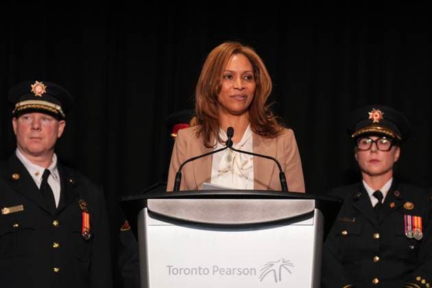 February 18, 2025, Toronto, On, CAN: Toronto Pearson President and CEO Deborah Flint speaks to the media at Toronto Pearson Airport on Tuesday Feb. 18, 2025. A Delta Air Lines plane heading from Minneapolis to Toronto crashed and flipped on the tarmac at Pearson airport on Monday afternoon, injuring multiple passenger. Toronto CAN  - ZUMAc35_ 20250218_zaf_c35_027 Copyright: xChrisxYoungx