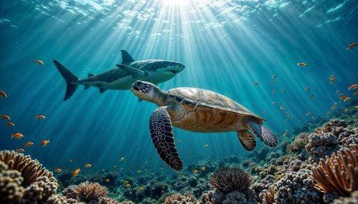 An underwater scene featuring a sea turtle and a shark swimming amid vibrant coral reefs with sunlight streaming through the water. 25679260 RECORD DATE NOT STATED