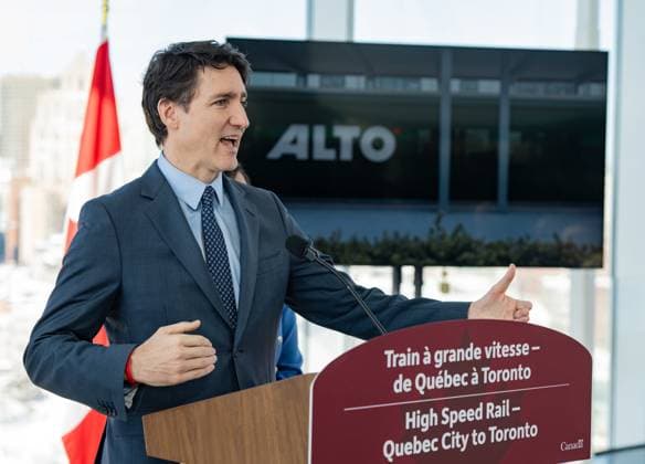 February 19, 2025, Montreal, Pq, CANADA: Prime Minister Justin Trudeau announces a new high-speed rail network in the Toronto-Quebec City corridor in Montreal, on Wednesday, Feb.19, 2025. Montreal CANADA  - ZUMAc35_ 20250219_zaf_c35_009 Copyright: xChristinnexMuschix