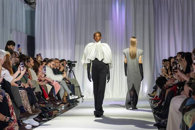February 19, 2025, Madrid, Madrid, Spain: Model walks the runway at the RAFAEL URQUIZAR fashion show Ã¢â‚¬oeVANGUARDÃ¢â‚¬Â during the Mercedes Benz Fashion Week Madrid at Movistar Arena on February 19, 2025 in Madrid, Spain. Madrid Spain - ZUMAc312 1059031917st Copyright: xOscarxManuelxSanchezx