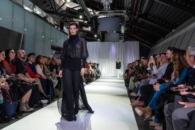February 19, 2025, Madrid, Madrid, Spain: Model walks the runway at the RAFAEL URQUIZAR fashion show Ã¢â‚¬oeVANGUARDÃ¢â‚¬Â during the Mercedes Benz Fashion Week Madrid at Movistar Arena on February 19, 2025 in Madrid, Spain. Madrid Spain - ZUMAc312 1059031920st Copyright: xOscarxManuelxSanchezx