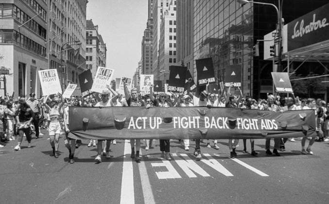 marchers presenting banner act up fight back fight AIDS during NYC Pride March in New York City, USA on June 28th 1992 *** marchers presenting banner act up fight back fight AIDS during NYC Pride March in New York City, USA on June 28th 1992