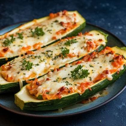 Cheesy zucchini boats with garlic and herbs, topped with parsley. Served on a plate with a dark, textured background. 27408612 RECORD DATE NOT STATED