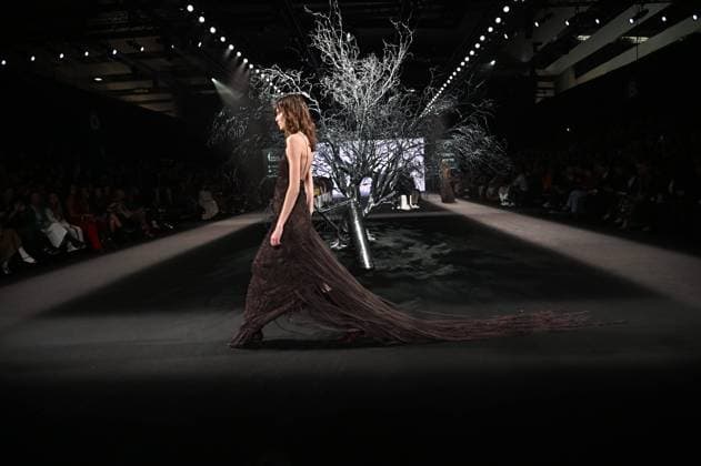 A model wears at collection runway a creation from Simorra during Pasarela Cibeles Mercedes-Benz Fashion Week Madrid 2025 in Madrid, on Friday ,21 February 2025 Cordon Press 