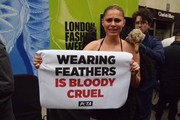 February 21, 2025, London, England, UK: A PETA activist dressed as an ostrich has her feathers violently plucked outside the London Fashion Week NEWGEN show space on The Strand. The action is part of the ongoing PETA campaign against the use of feathers in fashion. London UK - ZUMAv130 20250221_zip_v130_004 Copyright: xVukxValcicx