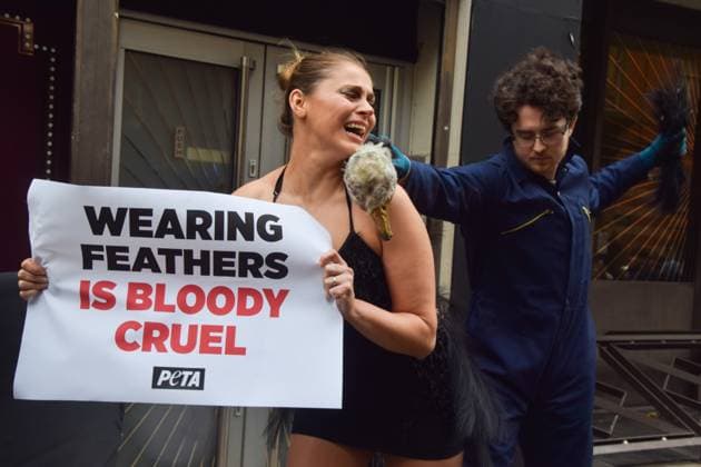 PETA protest against the use of feathers at London Fashion Week, London, UK - 21 Feb 2025 A PETA (People for the Ethical Treatment of Animals) activist holding a Wearing feathers is bloody cruel placard and dressed as an ostrich has her feathers violently plucked during a protest outside the London Fashion Week NEWGEN show space on The Strand. The action is part of the ongoing PETA campaign against the use of feathers in fashion. London United Kingdom Copyright: xVukxValcicx xSOPAxImagesx VukValcicPETALFW210225_15
