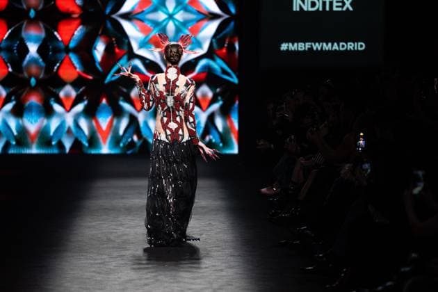 Barcelona-based designer JNorig presents his new collection in collaboration with 3D artist Krisztian Paczolay at Madrid Fashion Week 2025, the most important fashion event in Spain. At IFEMA, Madrid, February 22, 2025. (2025022252)