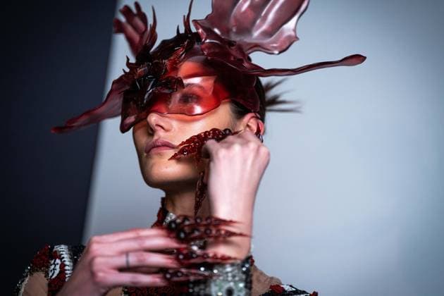 Barcelona-based designer JNorig presents his new collection in collaboration with 3D artist Krisztian Paczolay at Madrid Fashion Week 2025, the most important fashion event in Spain. At IFEMA, Madrid, February 22, 2025. (2025022281)