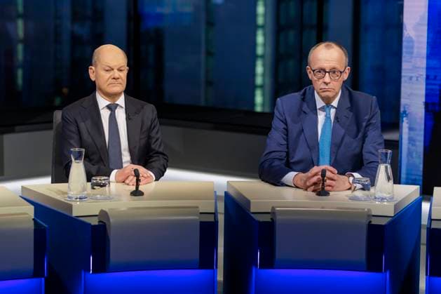 News Themen der Woche KW08 News Bilder des Tages Berliner Runde. Olaf Scholz (SPD), Bundeskanzler, und Friedrich Merz, CDU-Parteivorsitzender und Kanzlerkandidat, Berlin, 23.02.2025. Berlin Deutschland *** Berlin Round Table Olaf Scholz SPD , Federal Chancellor, and Friedrich Merz, CDU Party Chairman and Chancellor Candidate, Berlin, 23 02 2025 Berlin Germany Copyright: xThomasxImox