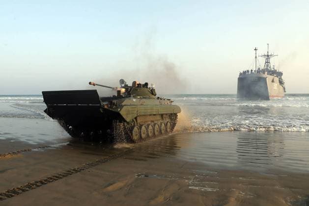 February 23, 2025, Konarak, Sistan And Baluchestan, Iran: The amphibious operation, along with beaching and coastal defense activities, conduct by Navy rangers with the assistance of a Navy frigate and the armored units of the Islamic Republic of Iran Army s Ground Forces in the third maritime zone of Konarak in the Persian Gulf. An amphibious operation refers to a coordinated attack from the sea, performed by naval and land forces deploying from ships, aimed at striking the enemy s shoreline and culminating in troops landing on those shores. Konarak Iran - ZUMAi98_ 20250223_zih_i98_054 Copyright: xIranianxArmyxOfficex