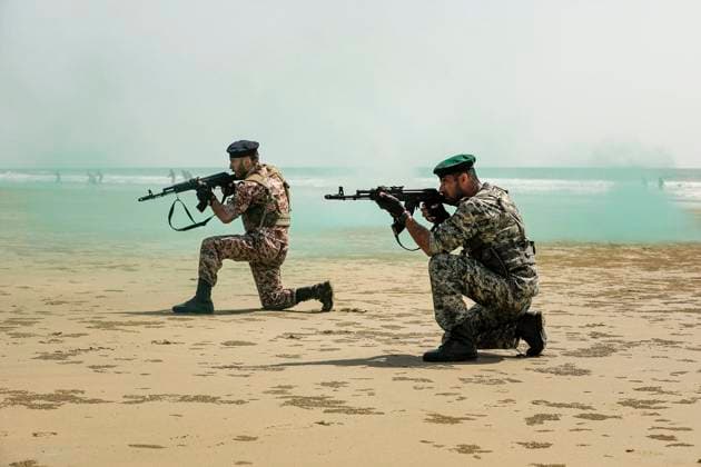 February 23, 2025, Konarak, Sistan And Baluchestan, Iran: The amphibious operation, along with beaching and coastal defense activities, conduct by Navy rangers with the assistance of a Navy frigate and the armored units of the Islamic Republic of Iran Army s Ground Forces in the third maritime zone of Konarak in the Persian Gulf. An amphibious operation refers to a coordinated attack from the sea, performed by naval and land forces deploying from ships, aimed at striking the enemy s shoreline and culminating in troops landing on those shores. Konarak Iran - ZUMAi98_ 20250223_zih_i98_071 Copyright: xIranianxArmyxOfficex