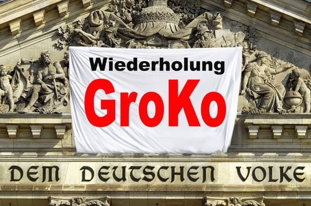 Wiederholung GroKo, Symbolfoto Transparent im Giebel des Deutschen Reichstags, Berlin, 2025 Deutschland, Berlin, Februar 2025, Wiederholung GroKo, erneute Große Koalition aus CDU CSU und SPD, Symbolfoto Transparent hängt im Giebel des Deutschen Reichstags, Inschrift Dem Deutschen Volke, Bundestagswahl, Fotomontage, Politik, *** Repetition GroKo, symbolic photo banner in the gable of the German Reichstag, Berlin, 2025 Germany, Berlin, February 2025, repetition GroKo, renewed grand coalition of CDU CSU and SPD, symbolic photo banner hangs in the gable of the German Reichstag, inscription Dem Deutschen Volke, Bundestag election, photomontage, politics,