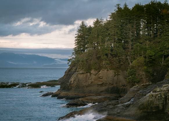 Creative Highlights World North View of Wave Battered Cliffs on Cape Flattery Trail at Sunset Neah Bay, Washington, United States R_KWTG250221-1658817-01
