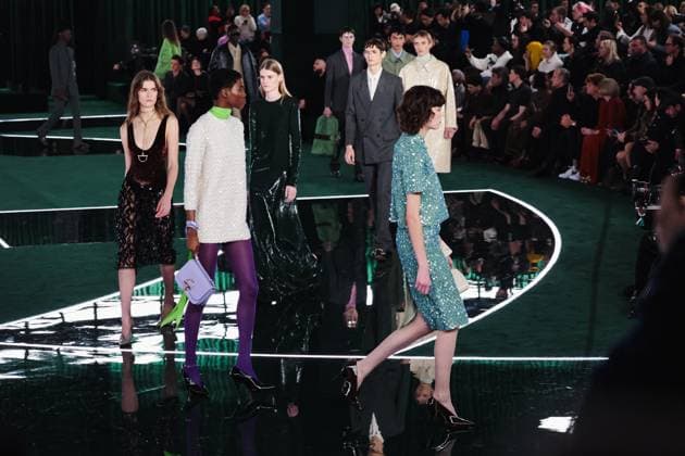 Milan, Milan, Milan Women s Fashion Week: Fall Winter 2025 - Gucci Fashion Show - Catwalk Milan, Milan Women s Fashion Week: Fall Winter 2025 - Women s Fashion, Fall Winter 2025 - Gucci Fashion Show - Catwalk. In the photo: Model- Women s Fashion, Fall Winter 2025 - Gucci Fashion Show - Catwalk. In the photo: Model Milan Italy  Copyright: xIPA ABACAx