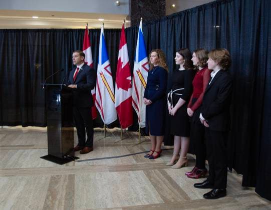 February 25, 2025, St. John s, Nl, CANADA: Newfoundland and Labrador Premier Andrew Furey announces his resignation as premier as family members, wife Allison and children Maggie, Rachel and Mark look on in St.John s, Tuesday, Feb.25, 2025. St. John s CANADA  - ZUMAc35_ 20250225_zaf_c35_029 Copyright: xPaulxDalyx