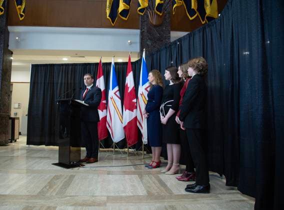 February 25, 2025, St. John s, Nl, CANADA: Newfoundland and Labrador Premier Andrew Furey announces his resignation as premier as family members, wife Allison and children Maggie, Rachel and Mark look on in St.John s, Tuesday, Feb.25, 2025. St. John s CANADA  - ZUMAc35_ 20250225_zaf_c35_031 Copyright: xPaulxDalyx