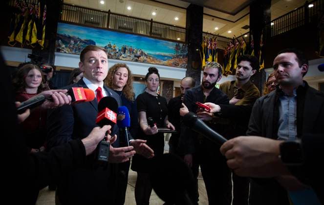 February 25, 2025, St. John s, Nl, CANADA: Newfoundland and Labrador Premier Andrew Furey talks to media after a news conference in St.John s, Tuesday, Feb. 25, 2025 where he announced his resignation as premier. St. John s CANADA  - ZUMAc35_ 20250225_zaf_c35_035 Copyright: xPaulxDalyx