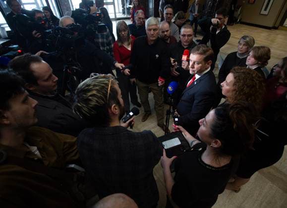 February 25, 2025, St. John s, Nl, CANADA: Newfoundland and Labrador Premier Andrew Furey talks to media after a news conference in St.John s, Tuesday, Feb. 25, 2025 where he announced his resignation as premier. St. John s CANADA  - ZUMAc35_ 20250225_zaf_c35_036 Copyright: xPaulxDalyx