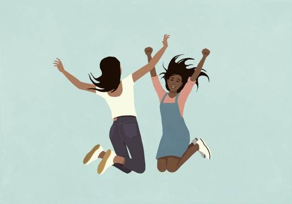 Happy teenage girls jumping for joy with arms raised on blue background  Copyright: MaltexMueller fStopImages2085060
