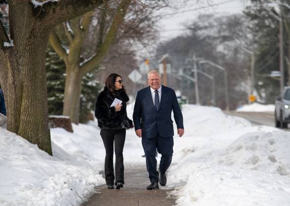 February 27, 2025, Etobicoke, On, Canada: Progressive Conservative Doug Ford and his wife Karla Ford arrive to cast their votes in the Ontario provincial election, at Westmount Junior School in Etobicoke, Ont., on Thursday, Feb. 27, 2025. Etobicoke Canada  - ZUMAc35_ 20250227_zaf_c35_005 Copyright: xLauraxProctorx