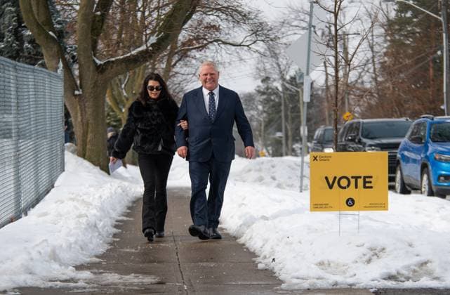 February 27, 2025, Etobicoke, On, Canada: Progressive Conservative Doug Ford and his wife Karla Ford arrive to cast their votes in the Ontario provincial election, at Westmount Junior School in Etobicoke, Ont., on Thursday, Feb. 27, 2025. Etobicoke Canada  - ZUMAc35_ 20250227_zaf_c35_007 Copyright: xLauraxProctorx