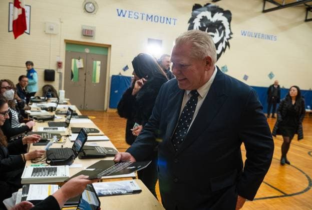 February 27, 2025, Etobicoke, On, Canada: Progressive Conservative Leader Doug Ford casts his vote in the Ontario provincial election, at Westmount Junior School in Etobicoke, Ont., on Thursday, February 27, 2025. Etobicoke Canada  - ZUMAc35_ 20250227_zaf_c35_011 Copyright: xLauraxProctorx