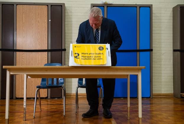 February 27, 2025, Etobicoke, On, Canada: Progressive Conservative Leader Doug Ford votes in the Ontario provincial election, at Westmount Junior School in Etobicoke, Ont., on Thursday, Feb. 27, 2025. Etobicoke Canada  - ZUMAc35_ 20250227_zaf_c35_013 Copyright: xLauraxProctorx