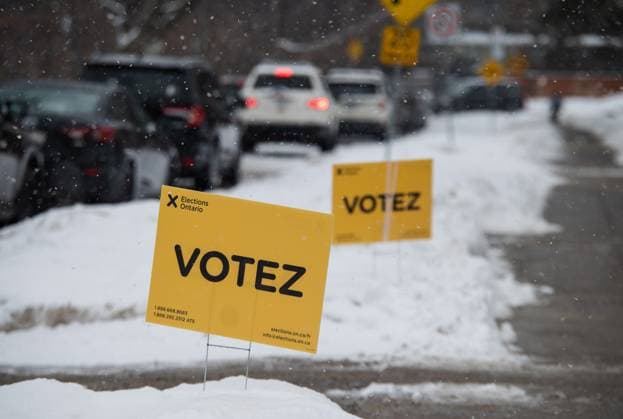 February 27, 2025, Etobicoke, On, Canada: Elections Ontario voting signs are shown outside a polling station at Westmount Junior School in Etobicoke, Ont., on Thursday, February 27, 2025. Etobicoke Canada  - ZUMAc35_ 20250227_zaf_c35_020 Copyright: xLauraxProctorx
