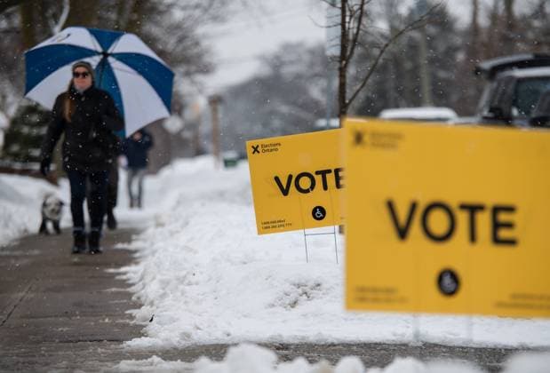 February 27, 2025, Etobicoke, On, Canada: People arrive to vote in the Ontario provincial election at Westmount Junior School in Etobicoke, Ont., on Thursday, February 27, 2025. Etobicoke Canada  - ZUMAc35_ 20250227_zaf_c35_021 Copyright: xLauraxProctorx