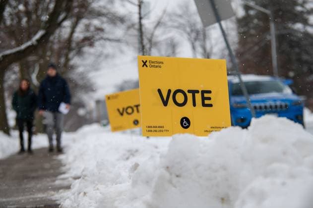 February 27, 2025, Etobicoke, On, Canada: People arrive to vote in the Ontario provincial election at Westmount Junior School in Etobicoke, Ont., on Thursday, February 27, 2025. Etobicoke Canada  - ZUMAc35_ 20250227_zaf_c35_022 Copyright: xLauraxProctorx