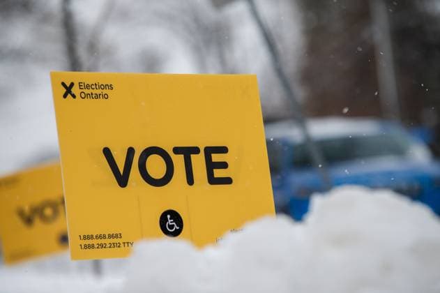 February 27, 2025, Etobicoke, On, Canada: An Elections Ontario voting sign is shown outside a polling station at Westmount Junior School in Etobicoke, Ont., on Thursday, February 27, 2025. Etobicoke Canada  - ZUMAc35_ 20250227_zaf_c35_023 Copyright: xLauraxProctorx
