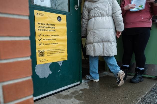 February 27, 2025, Etobicoke, On, Canada: People arrive to vote in the Ontario provincial election at a polling station in Westmount Junior School in Etobicoke, Ont., on Thursday, February 27, 2025. Etobicoke Canada  - ZUMAc35_ 20250227_zaf_c35_024 Copyright: xLauraxProctorx