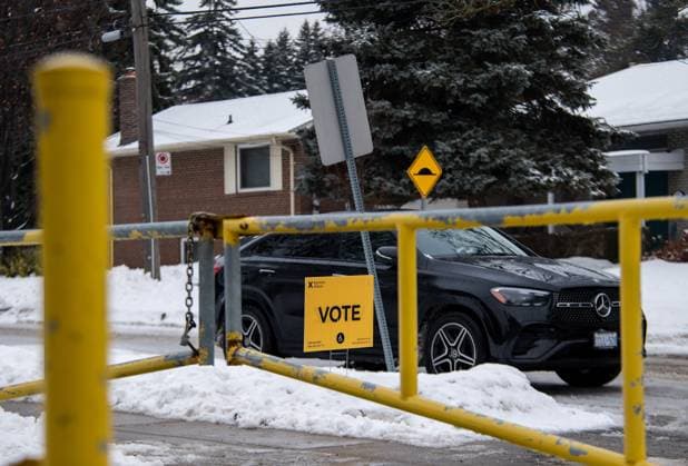 February 27, 2025, Etobicoke, On, Canada: An Elections Ontario voting sign is shown outside a polling station at Westmount Junior School in Etobicoke, Ont., on Thursday, February 27, 2025. Etobicoke Canada  - ZUMAc35_ 20250227_zaf_c35_026 Copyright: xLauraxProctorx