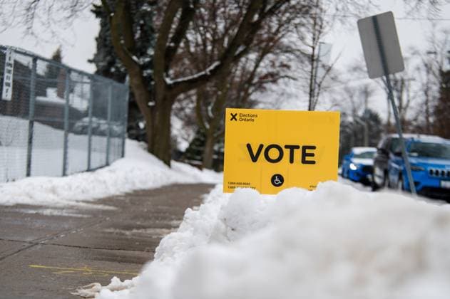 February 27, 2025, Etobicoke, On, Canada: An Elections Ontario voting sign is pictured outside a polling station in Westmount Junior School in Etobicoke, Ont., on Thursday, February 27, 2025. Etobicoke Canada  - ZUMAc35_ 20250227_zaf_c35_028 Copyright: xLauraxProctorx