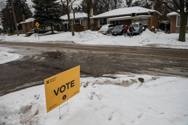 February 27, 2025, Etobicoke, On, Canada: An Elections Ontario voting sign is shown outside a polling station at Westmount Junior School in Etobicoke, Ont., on Thursday, February 27, 2025. Etobicoke Canada  - ZUMAc35_ 20250227_zaf_c35_030 Copyright: xLauraxProctorx