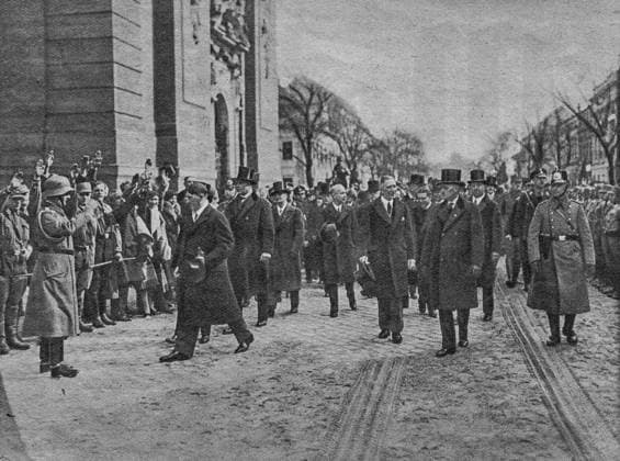 RECORD DATE NOT STATED POTSDAM, GERMANY - MARCH 21, 1933: Adolf Hitler with his cabinet ministers en-route to the Garrison Church on the Day of Potsdam. Reproduction of antique photo. , 51316632.jpg, 1930s, 1933, hindenburg, tag von potsdam, potsdam, imperial, nazis, berlin, fascists, germans, portraits, politics, salutes, socialists, memory, dictators, germany, fascist, fascism, nazi, 1940s, 1939, past, hitler, history, historical, adolf, evil, national, vintage, fuhrer, chancellor, portrait, heritage, dictator, black, politician, old, figure, leader, german, century, classic, photograph, fans, photo, retro, texture, historic, editorial