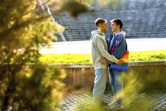 Zwei Männer, die sich in einem Park umarmen, einer mit einer leuchtenden Regenbogentasche, die den Stolz, die Liebe und die Akzeptanz von Igbtq in einem freudigen Moment feiert Two men embracing in a park, one showcasing a vibrant rainbow bag, celebrating lgbtq plus pride, love, and acceptance in a joyful moment Copyright: imageBROKER UnaixHuizi ibxuhu12770832.jpg ,model released, Symbolfoto ,property released
