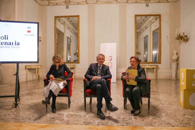 February 28, 2025, Napoli, Campania, Italia: Naples 28 02 2025 at the San Carlo theater the press conference was held to kick off the celebrations for the 2500 years of history of the city of Naples..A year of events, exhibitions, shows and cultural initiatives that will pay homage to the rich historical, artistic, scientific and identity heritage of Neapolis..In the photo: the Mayor of Naples Gaetano Manfredi and the Councilor for Tourism of the Municipality of Naples Teresa Armato and Laura Valente artistic director Napoli Italia - ZUMAs236 20250228_aap_s236_026 Copyright: xFabioxSassox