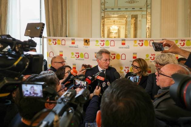 February 28, 2025, Napoli, Campania, Italia: Naples 28 02 2025 at the San Carlo theater the press conference was held to kick off the celebrations for the 2500 years of history of the city of Naples..A year of events, exhibitions, shows and cultural initiatives that will pay homage to the rich historical, artistic, scientific and identity heritage of Neapolis..In the photo: the Mayor of Naples Gaetano Manfredi Napoli Italia - ZUMAs236 20250228_aap_s236_030 Copyright: xFabioxSassox