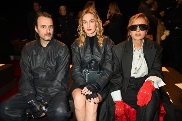 Milan, Milan Women s Fashion Week: Fall Winter 2025 - Ferrari Fashion Show - Guests Milan, Milan Women s Fashion Week: Fall Winter 2025 - Women s Fashion, Fall Winter 2025.- Ferrari fashion show - catwalk. in the photo: Matteo Ceccarini, Eva Riccobono, Valeria Golino MILAN Italy  Copyright: xIPA ABACAx