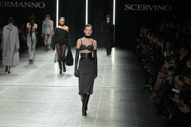 MFW - Ermanno Scervino Runway Model walks for Ermanno Scervino fashion show during Milan Fashion Week in Milan, Italy on March 1, 2025. Photo by Riccardo Giordano IPA ABACAPRESS.COM Milan Italy  Copyright: xGiordanoxRiccardo IPA ABACAx