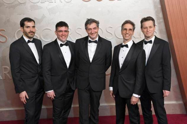 (L-R) Niels Barletta, Maxence Dussère, Erwan Kerzanet, Cyril Holtz and Aymeric Devoldère arrive on the red carpet for the 97th Academy Awards in the Hollywood section of Los Angeles on Sunday, March 2, 2025.  LAP20250302320 JIMxRUYMEN