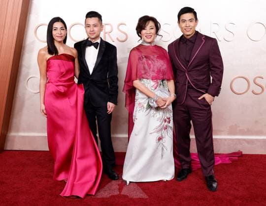 (L-R) Amy Homma, Director and President, Academy Museum, Jeremy Tran, Janet Yang, President, AMPAS and Bing Chen, CEO & Co-Founder, Gold House arrive on the red carpet for the 97th Academy Awards in the Hollywood section of Los Angeles on Sunday, March 2, 2025. LAP20250302721 JOHNxANGELILLO