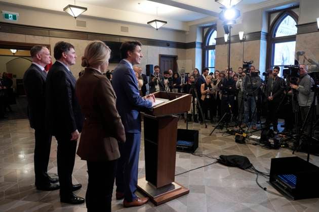 March 4, 2025, Ottawa, On, Canada: Prime Minister Justin Trudeau holds a news conference on imposed U.S. tariffs as Foreign Affairs Minister Melanie Joly, Finance Minister Dominic LeBlanc and Public Safety Minister David McGuinty look on in Ottawa on Tuesday, March 4, 2025. Ottawa Canada  - ZUMAc35_ 20250304_zaf_c35_013 Copyright: xAdrianxWyldx