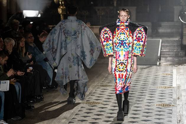 PFW - Anrealage Runway - Paris AJ Models present creations by Anrealage for the Womenswear Ready-to-wear Fall-Winter 2025 2026 collection as part of the Paris Fashion Week, at the American Cathedral in Paris, France on March 4, 2025. Photo by Alexis Jumeau ABACAPRESS.COM Paris France  Copyright: xJumeauxAlexis ABACAx