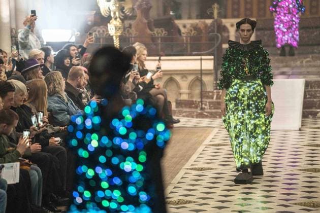 PFW - Anrealage Runway - Paris AJ Models present creations by Anrealage for the Womenswear Ready-to-wear Fall-Winter 2025 2026 collection as part of the Paris Fashion Week, at the American Cathedral in Paris, France on March 4, 2025. Photo by Alexis Jumeau ABACAPRESS.COM Paris France  Copyright: xJumeauxAlexis ABACAx